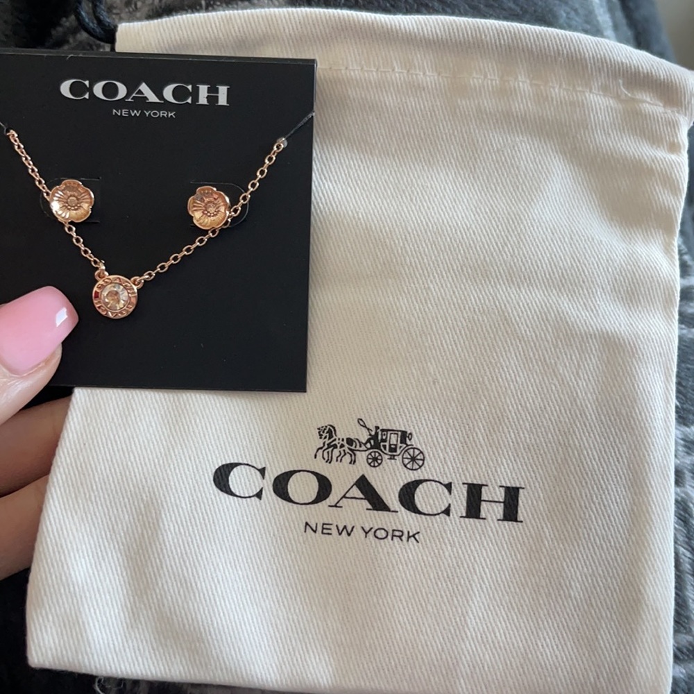 COACH-Open Circle Necklace, Tea Rose Stud Earrings